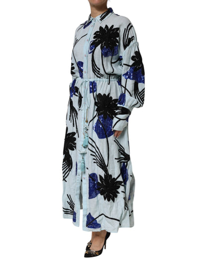 Blue Sequin Embellished Shirt Maxi Dress