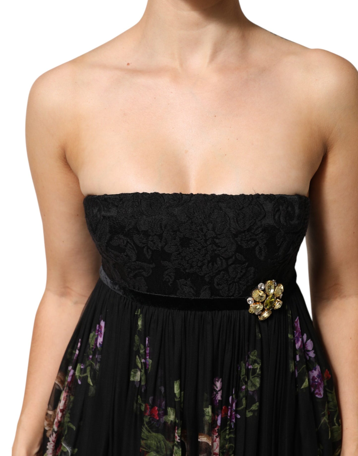 Black Floral Key Print Crystal Strapless Dress