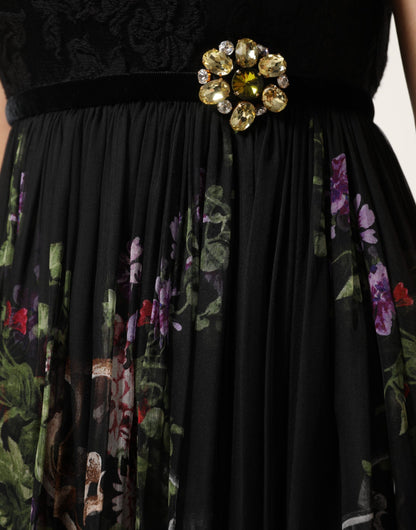 Black Floral Key Print Crystal Strapless Dress