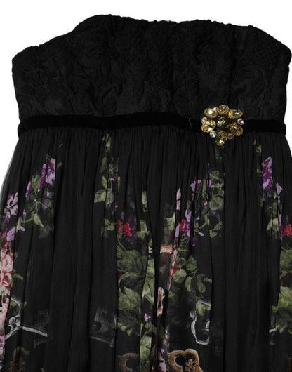 Black Floral Key Print Crystal Strapless Dress
