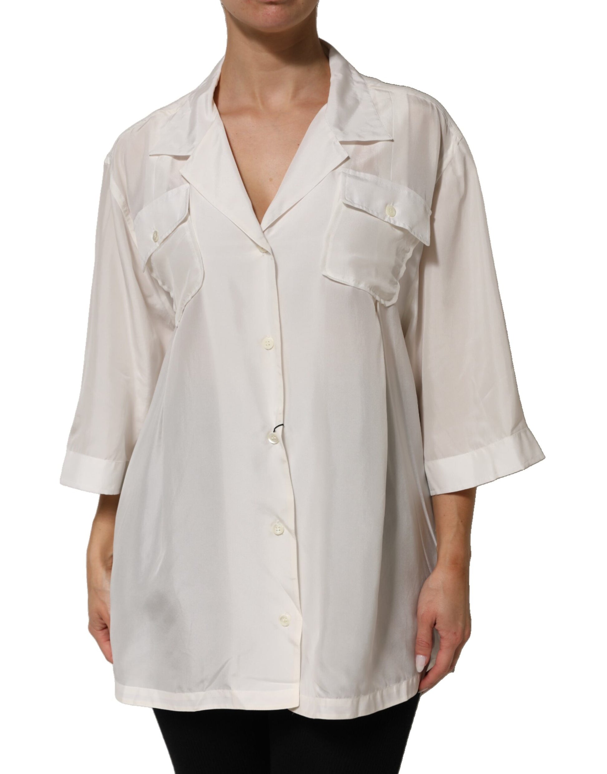 White Silk Collared 3/4 Sleeves Blouse Top