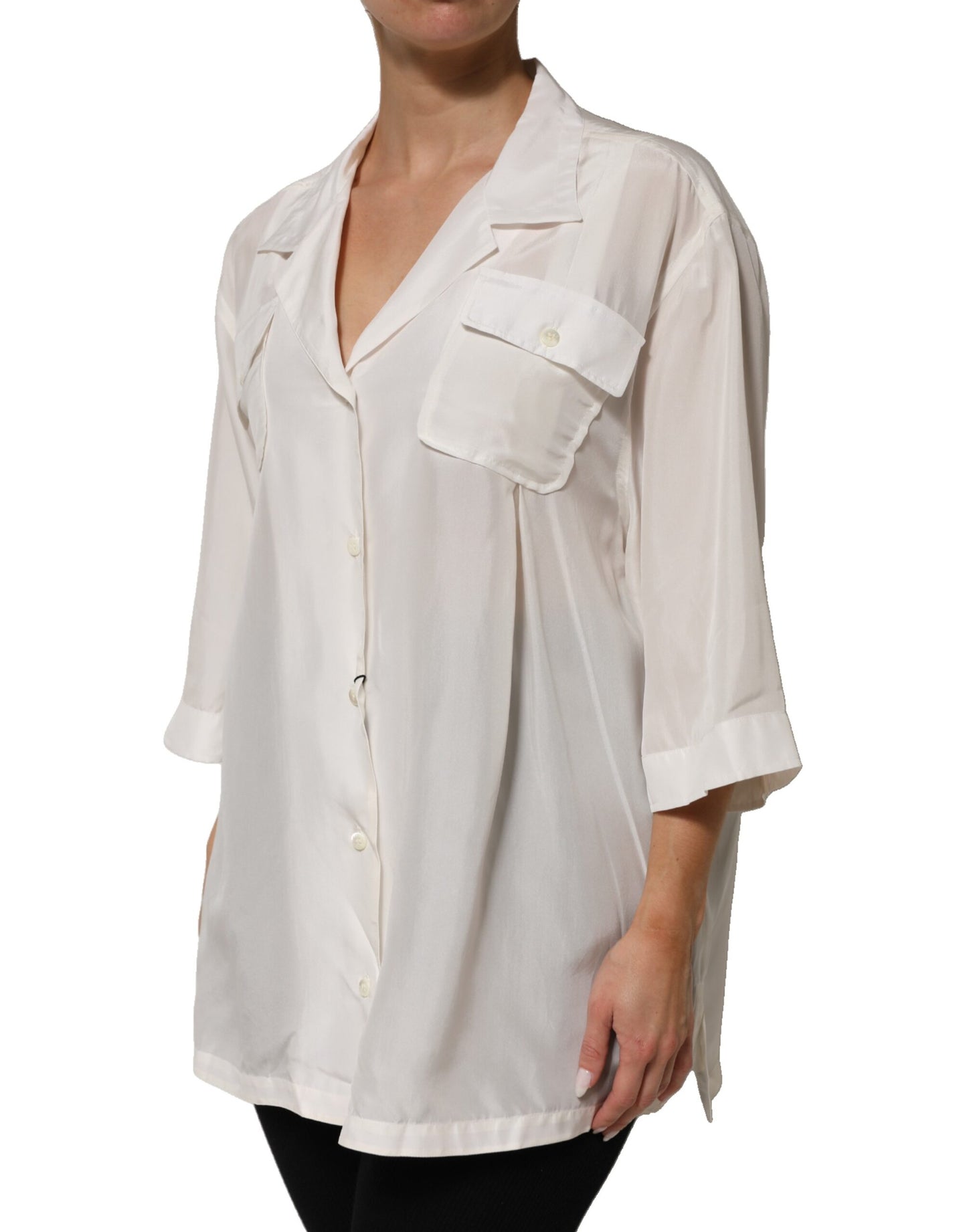White Silk Collared 3/4 Sleeves Blouse Top