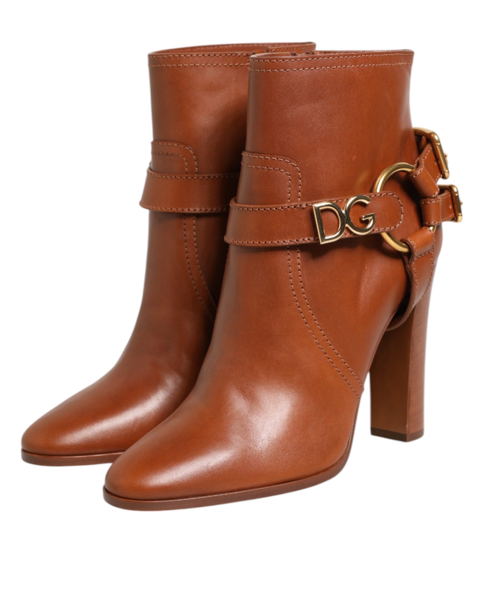 Brown Leather DG Logo Buckle Ankle Boots Shoes
