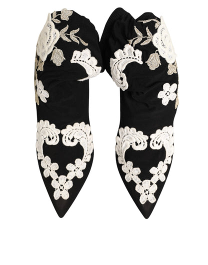 Black White Embroidered Jersey Stiletto Boots Shoes