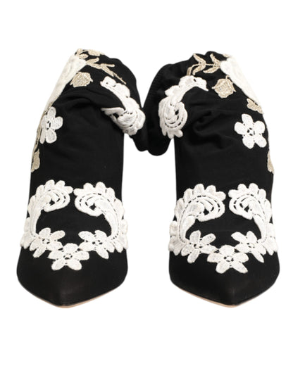 Black White Embroidered Jersey Stiletto Boots Shoes