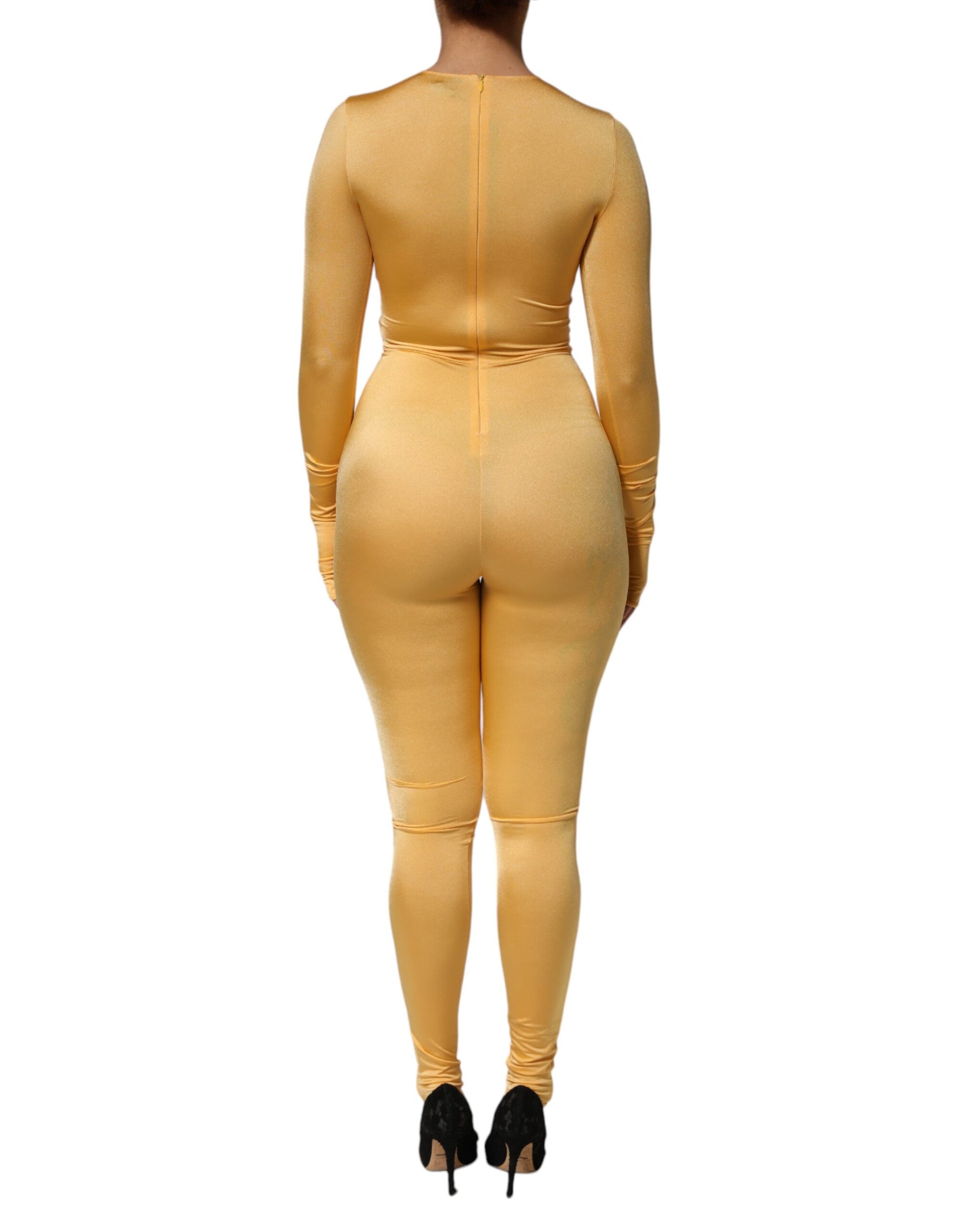 Gold Yellow Stretch Long Sleeve Bodysuit Dress