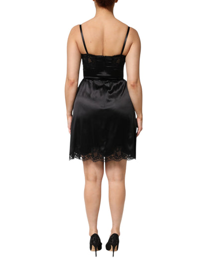 Black Silk Blend Lace Trim Sleeveless Mini Dress
