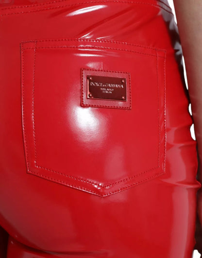 Red High Waist Skinny Trouser Shiny Pants