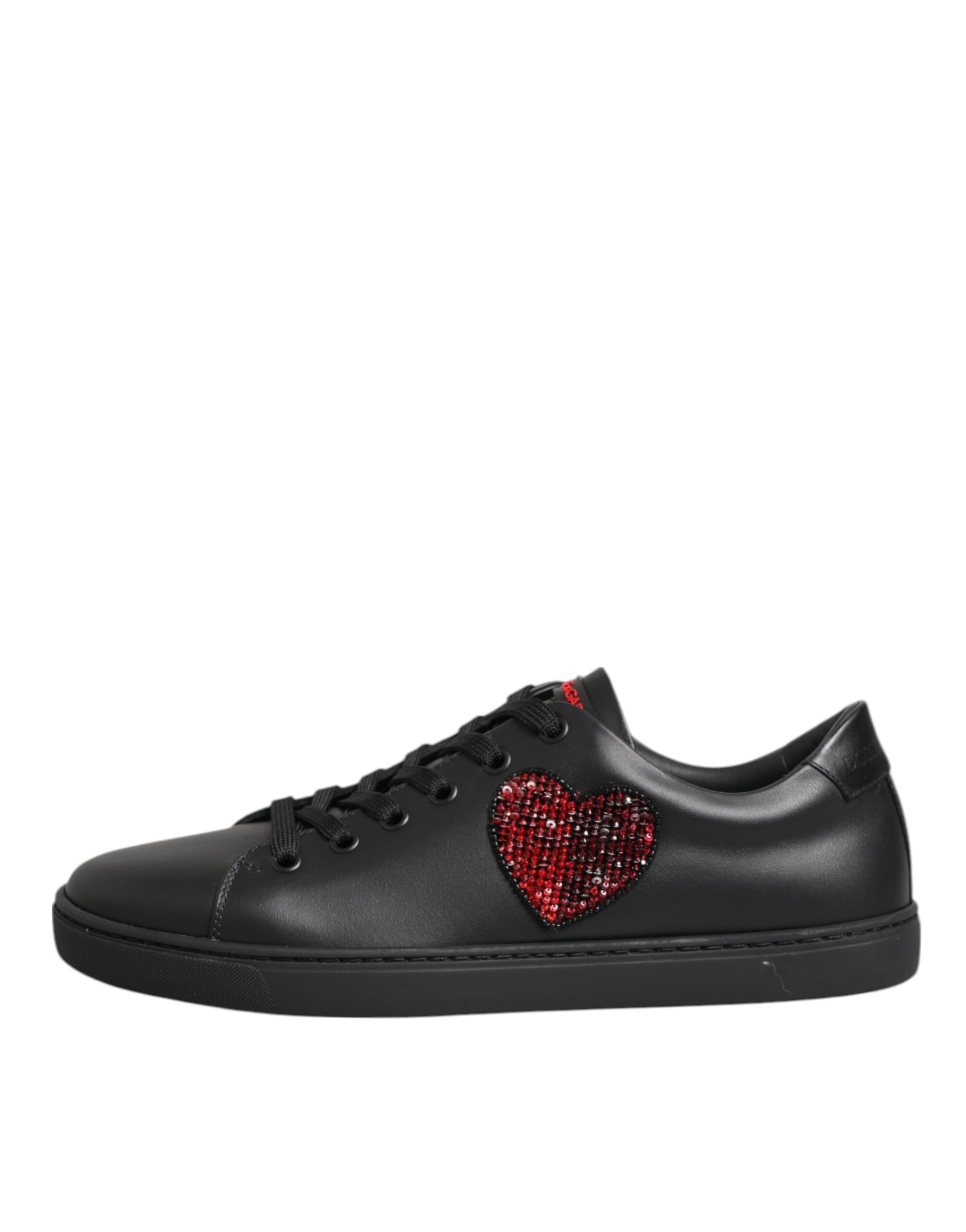 Black Leather Crystal Heart Low Top Sneakers  Shoes