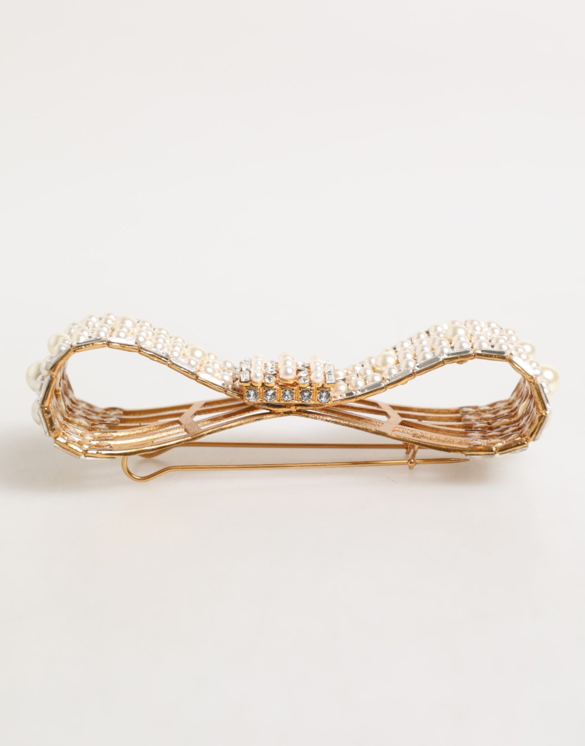 Gold Brass Glas Crystal Faux Pearl Embellished Brooch