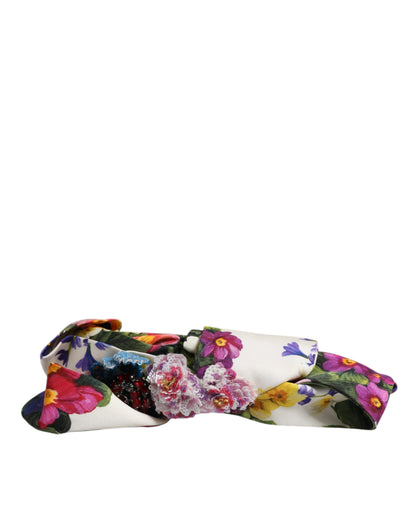 White Multicolor Floral Silk Bow Crystal Embellished Headband