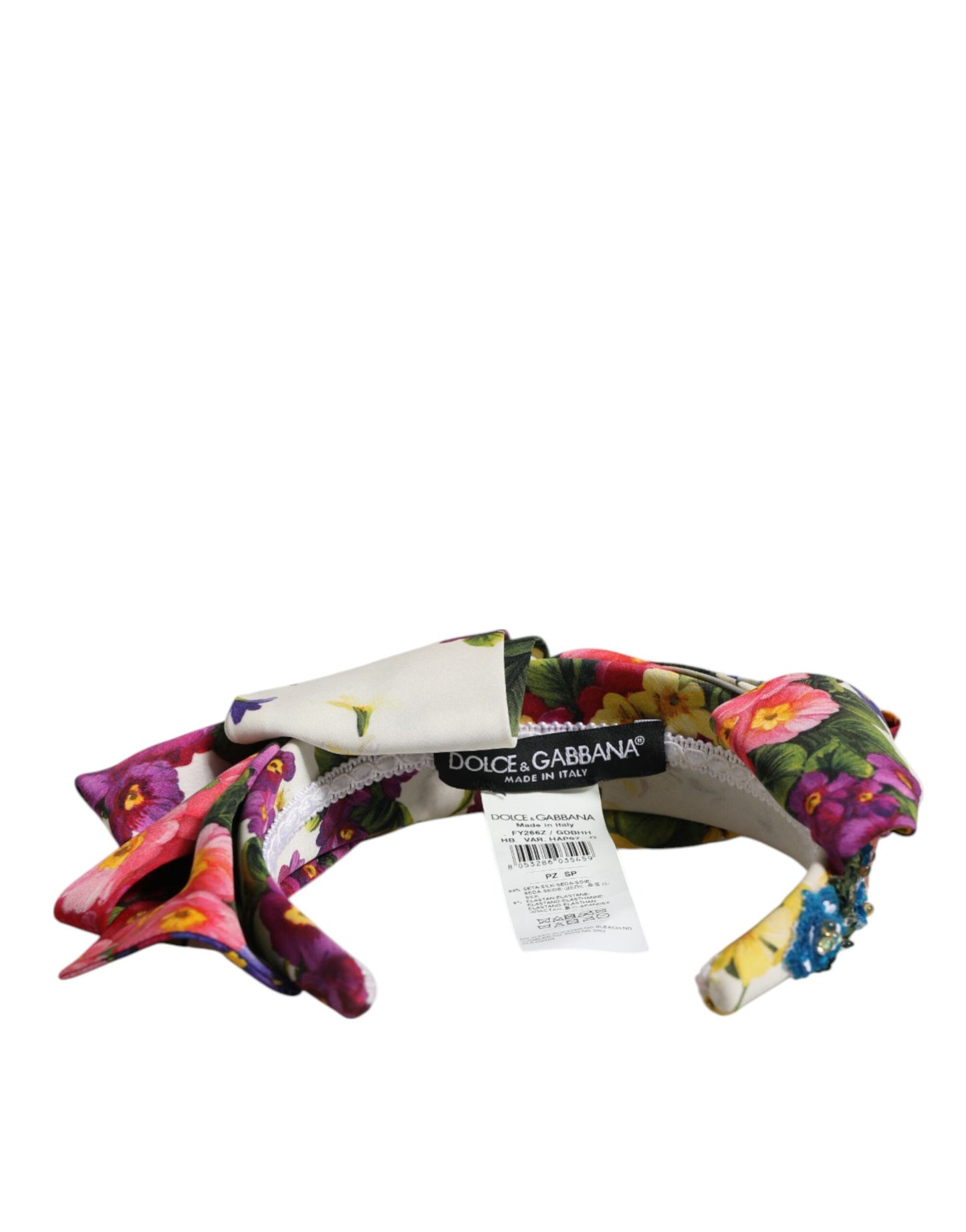 White Multicolor Floral Silk Bow Crystal Embellished Headband