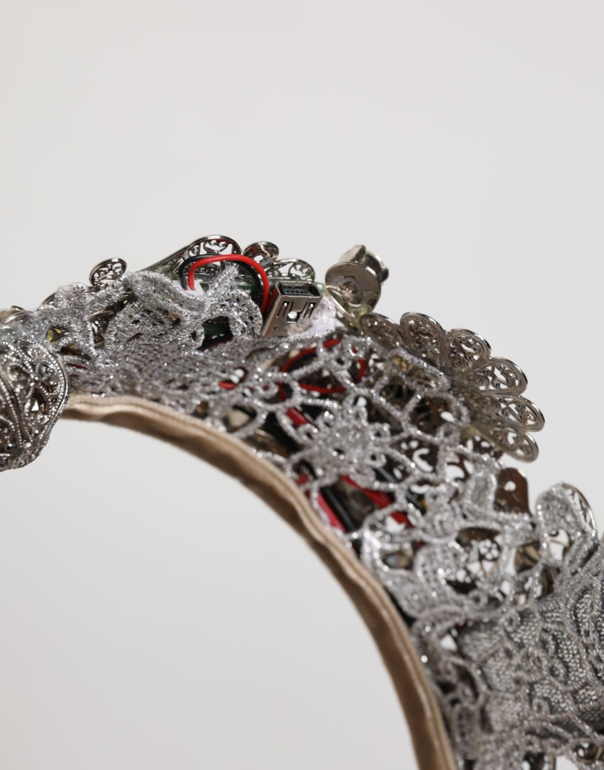 LED Crystal Embellished Silver Floral Filigree Crown Tiara