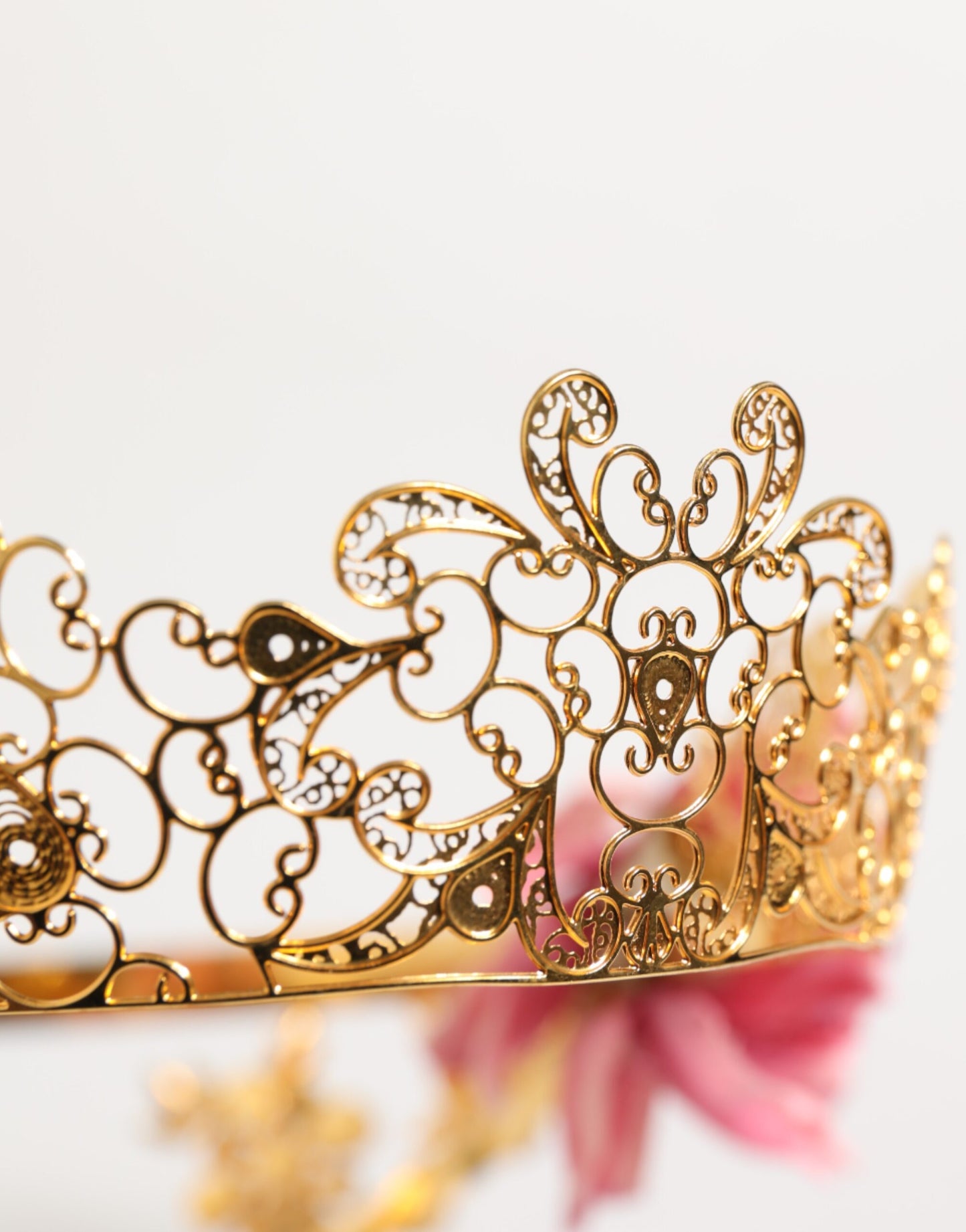 Gold Floral Tiara Pink Roses Crystal Crown Headband