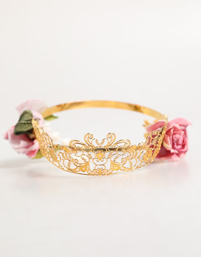 Gold Floral Tiara Pink Roses Crystal Crown Headband