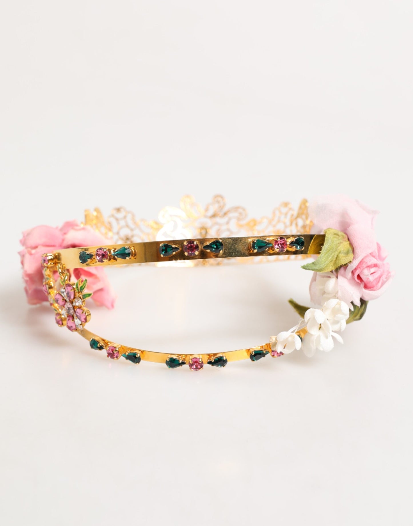 Gold Floral Tiara Pink Roses Crystal Crown Headband