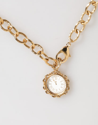 Gold Crystal Clock Face Pendant Statement Jewelry Necklace