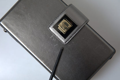 Steel Gray Leather Box Shape Shoulder Gold DG Logo Plaque Bag