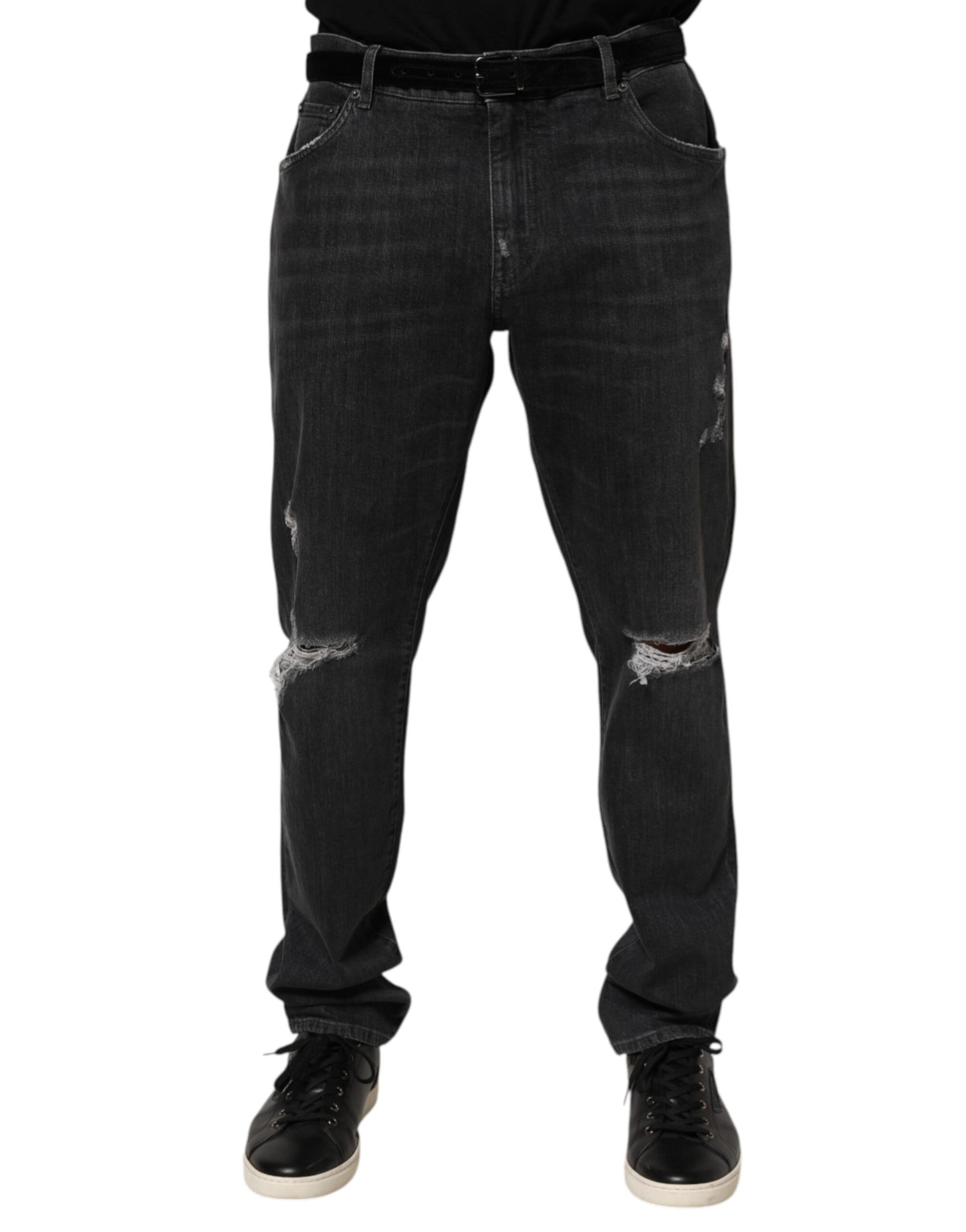 Black Cotton Slim Fit Distressed Ripped Logo Jeans