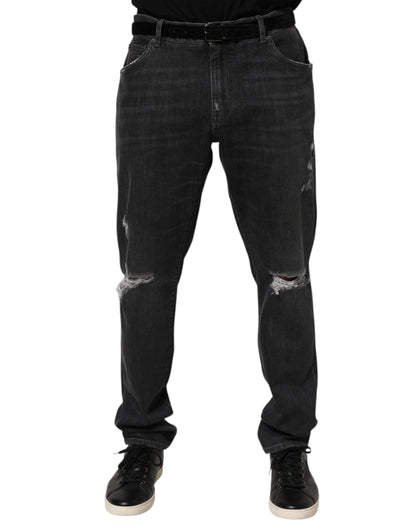 Black Cotton Slim Fit Distressed Ripped Logo Jeans