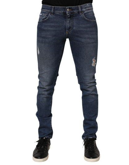 Blue Cotton Logo Plaque Skinny Men Denim Jeans