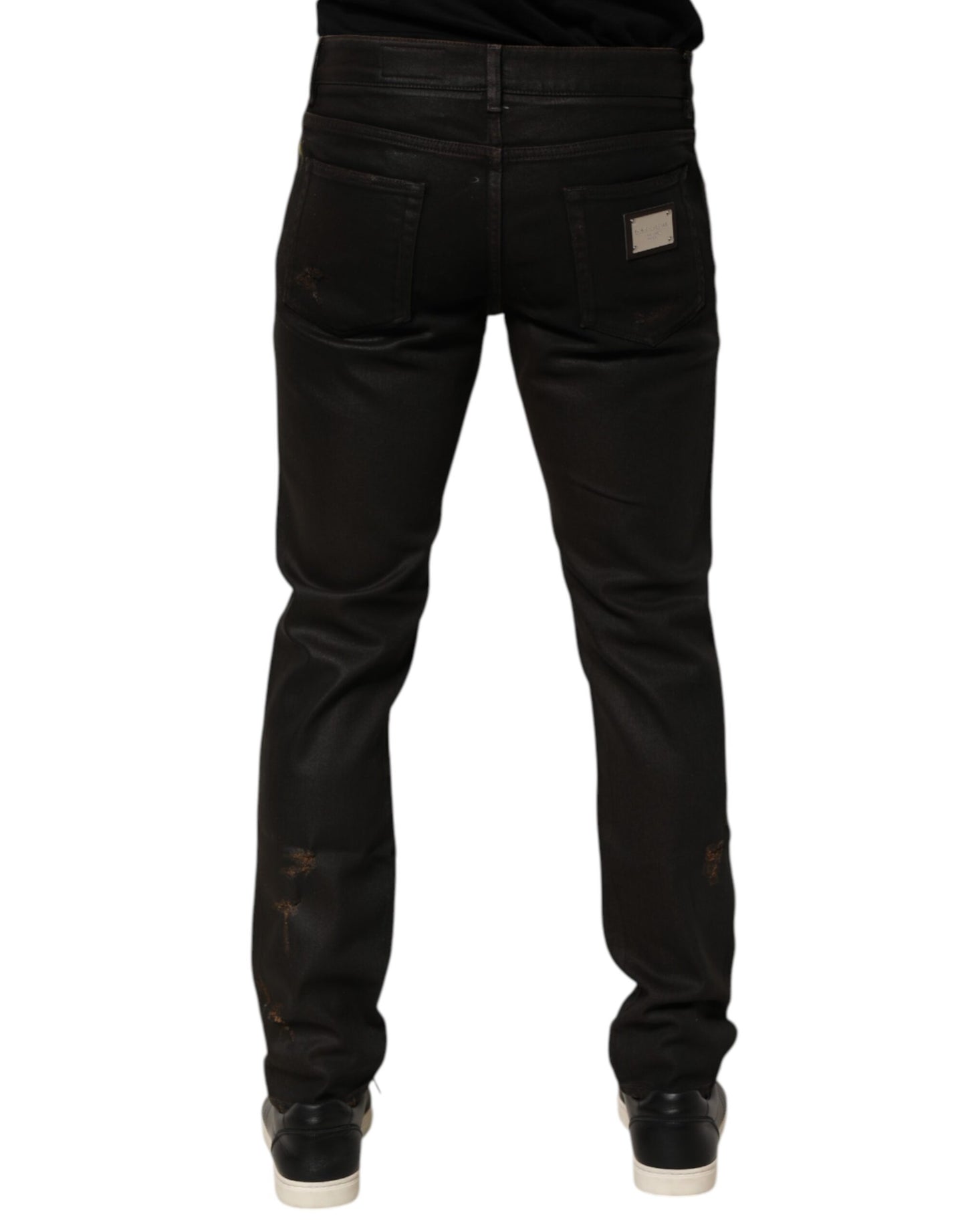 Dark Brown Tattered Cotton Skinny Denim Jeans