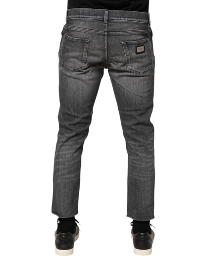 Grey Cotton Denim Slim Fit Distressed Pants Jeans