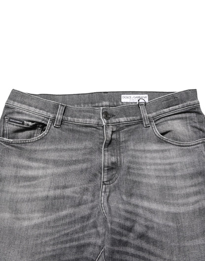Grey Cotton Denim Slim Fit Distressed Pants Jeans