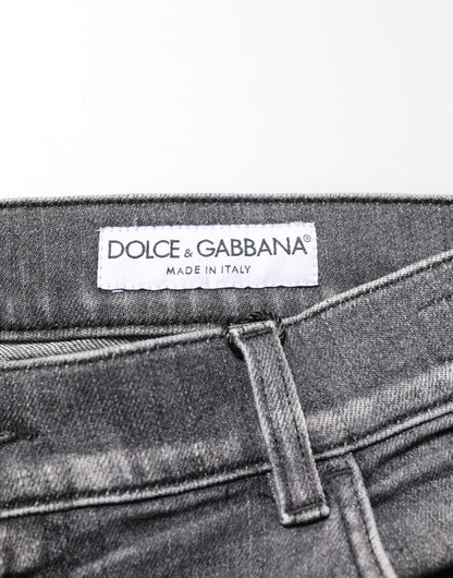 Grey Cotton Denim Slim Fit Distressed Pants Jeans