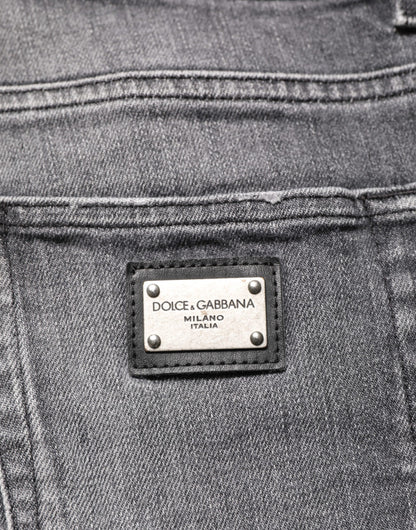 Grey Cotton Denim Slim Fit Distressed Pants Jeans