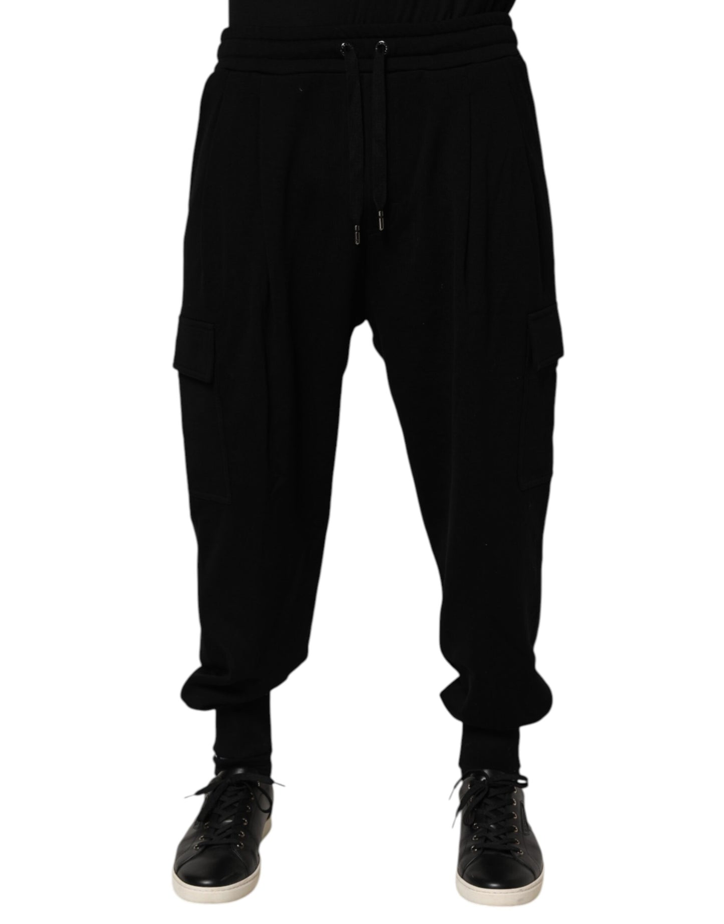 Black Cotton Blend Cargo Joggers Drawstring Pants