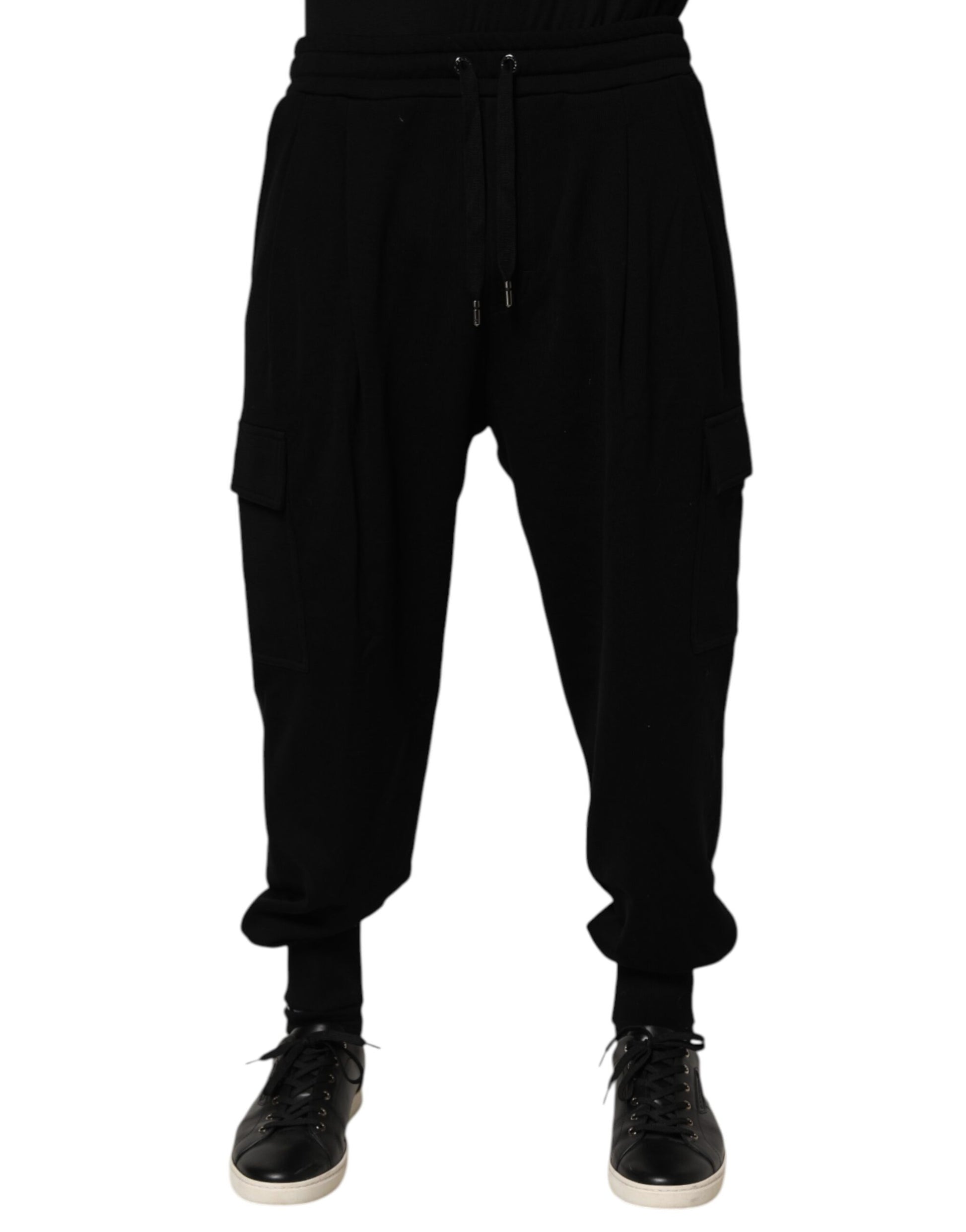 Black Cotton Blend Cargo Joggers Drawstring Pants