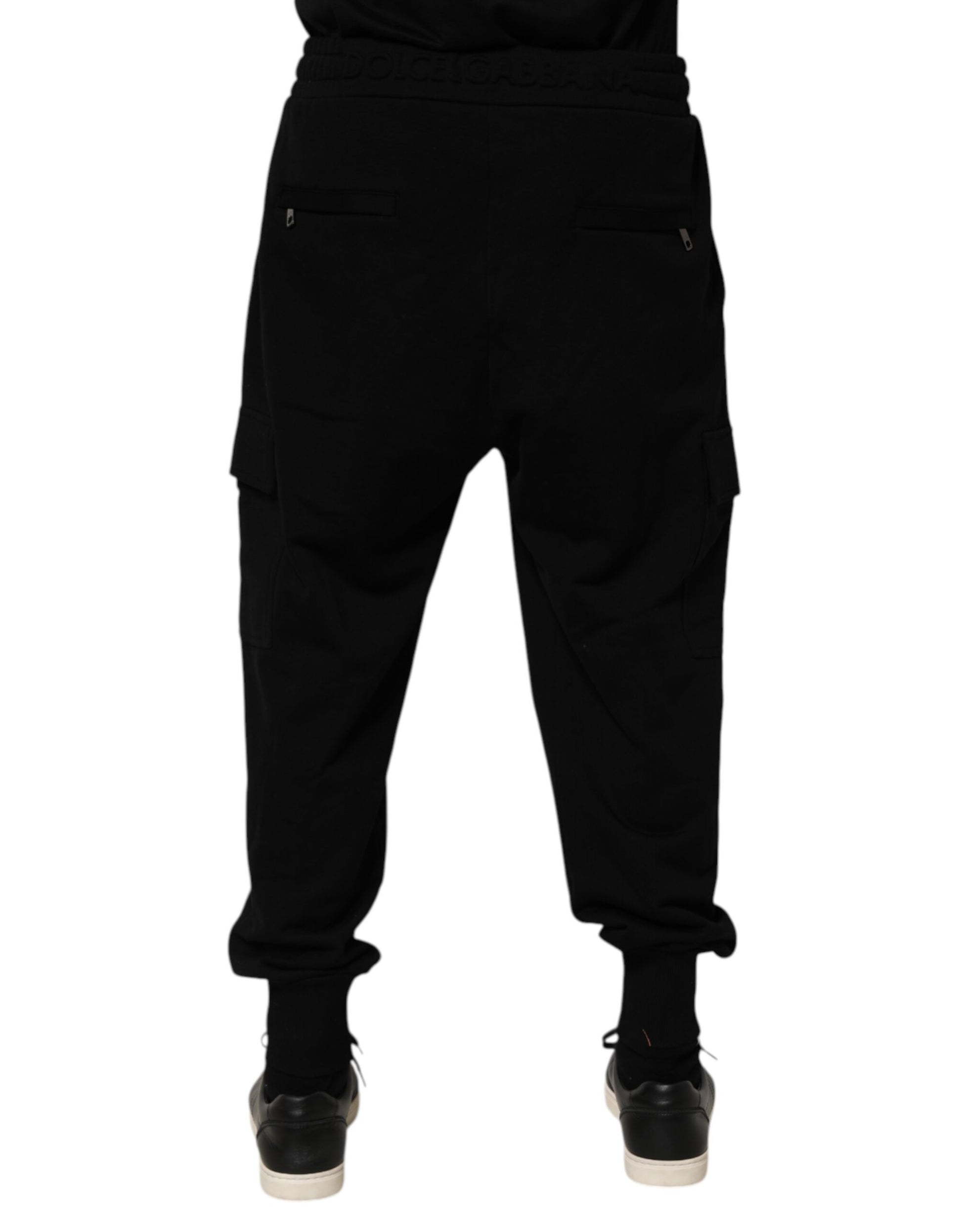Black Cotton Blend Cargo Joggers Drawstring Pants