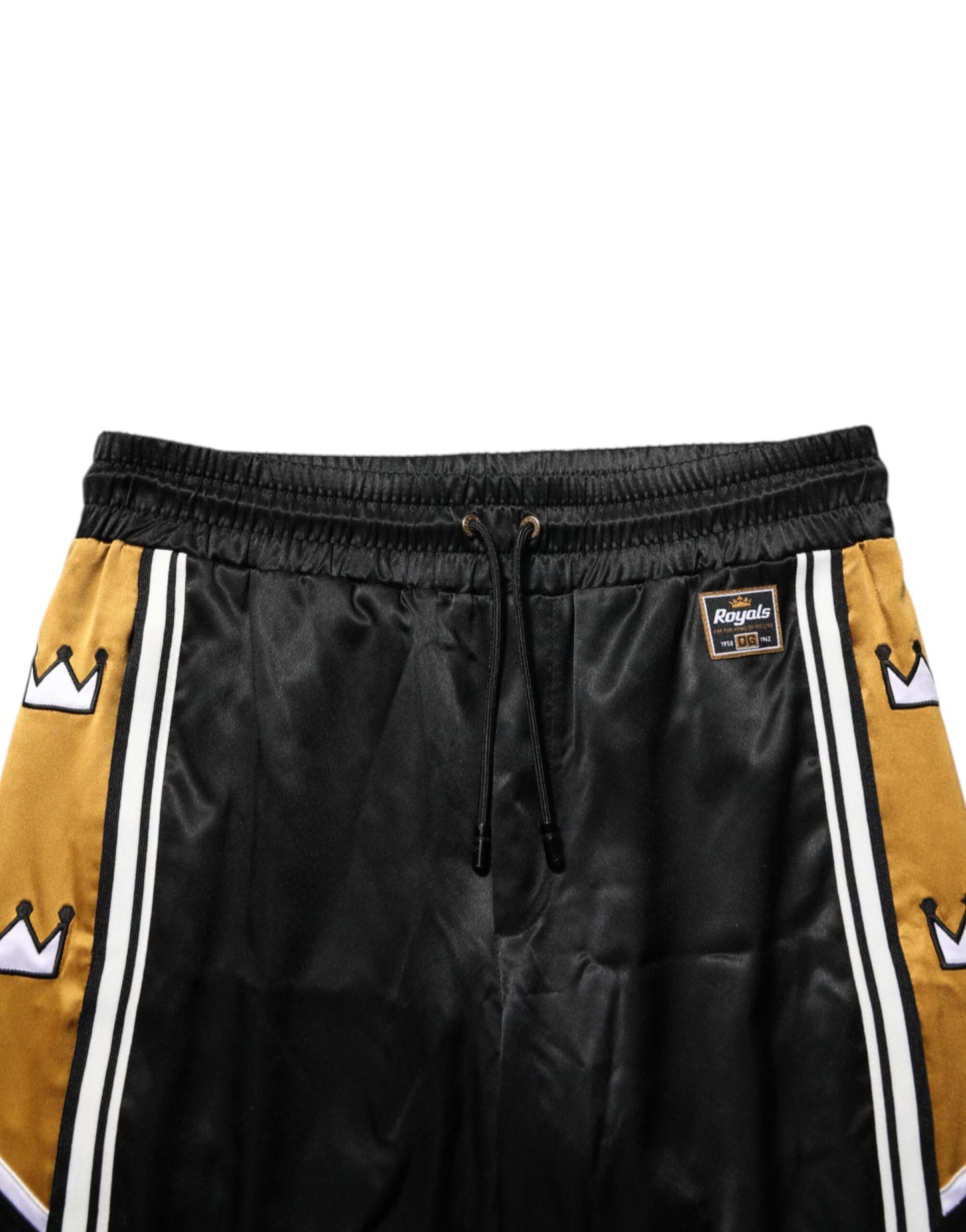 Black Gold Satin Crown Side Stripe Jogger Pants