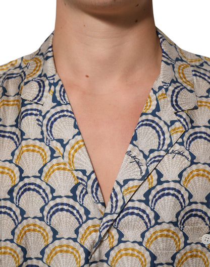 Cream Cotton Silk Hawaii Scallop Shell Print Shirt