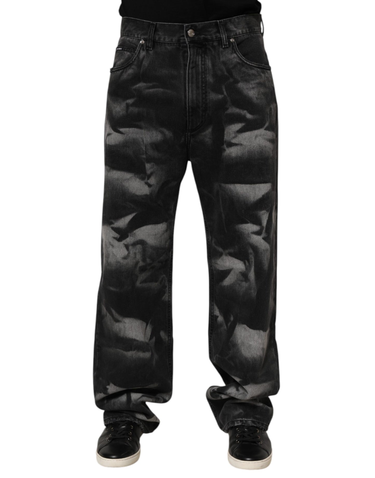 Black Marbled Effect Straight Men Denim Jeans