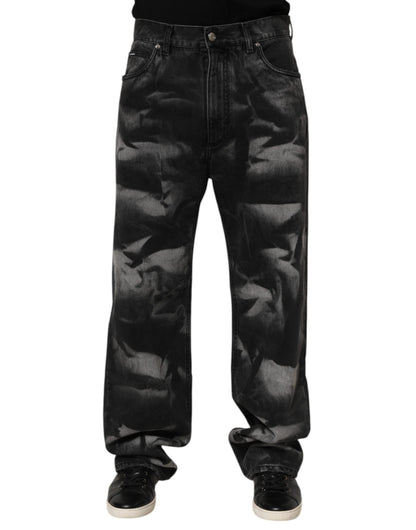 Black Marbled Effect Straight Men Denim Jeans