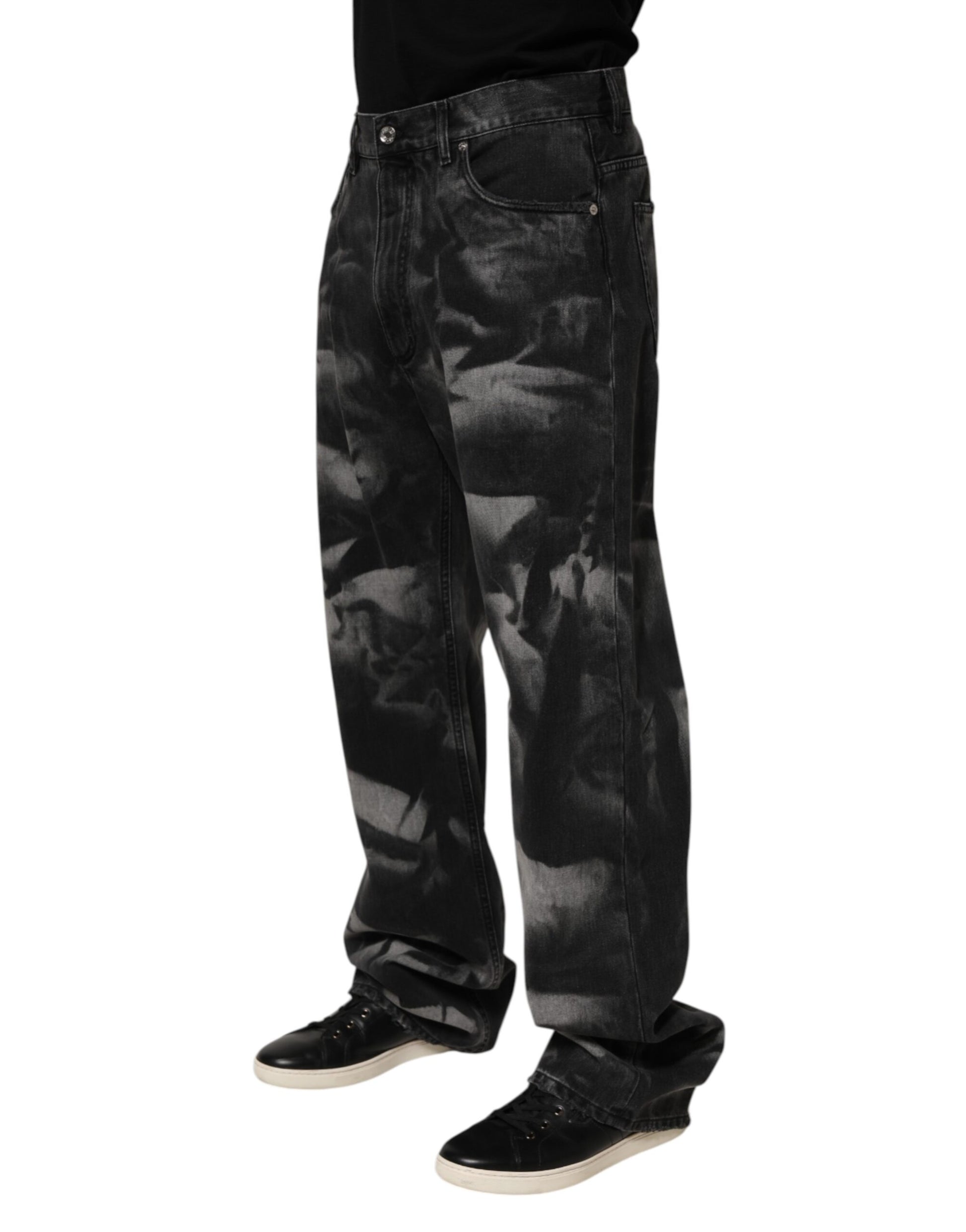 Black Marbled Effect Straight Men Denim Jeans