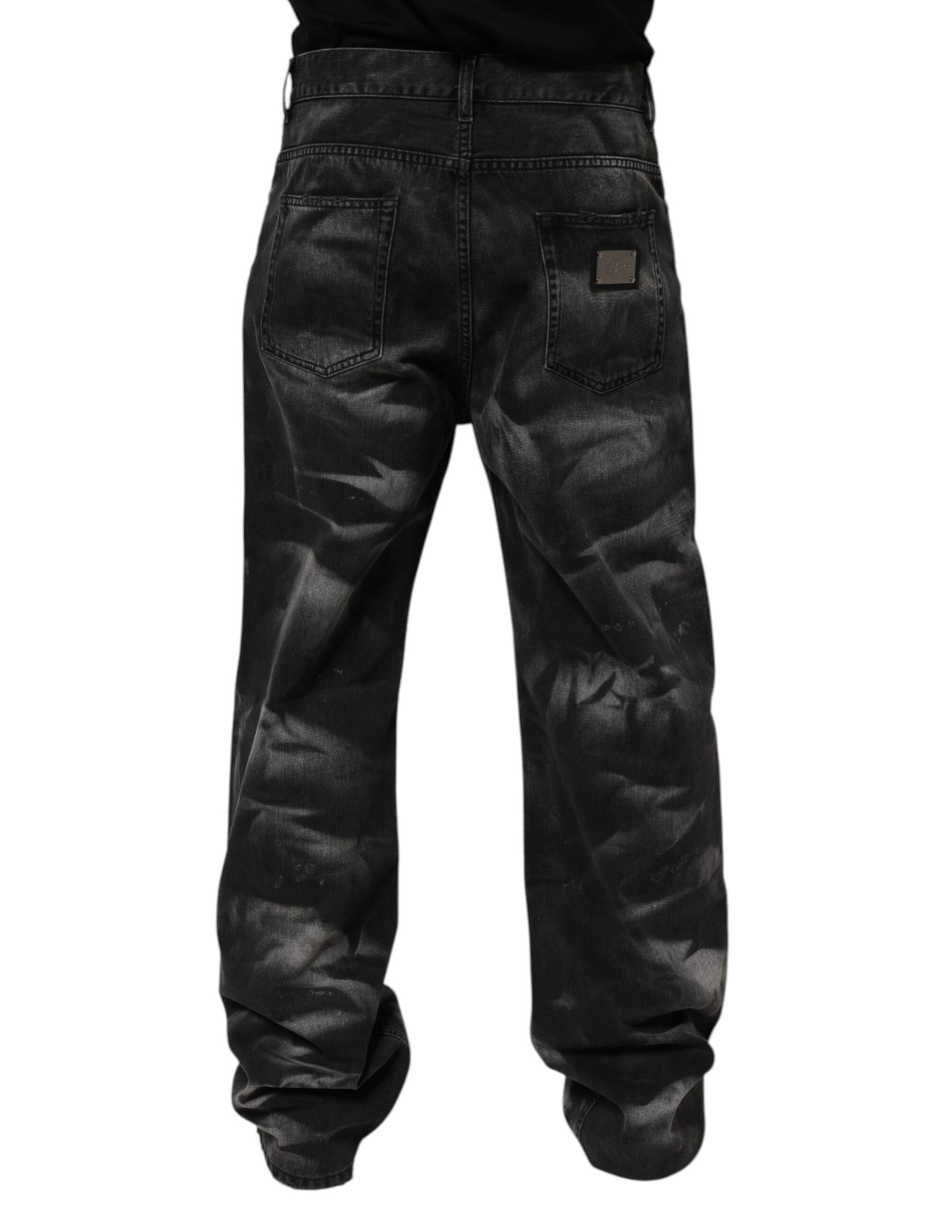 Black Marbled Effect Straight Men Denim Jeans
