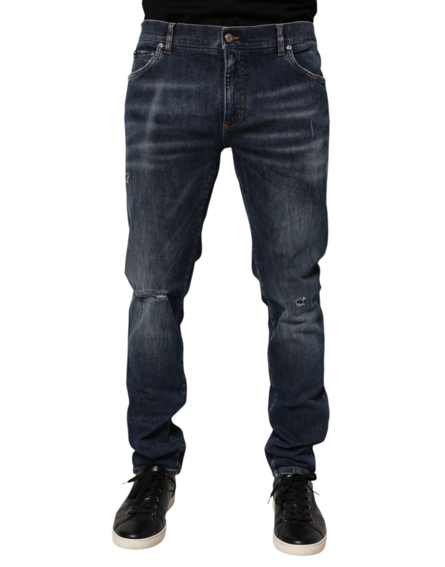 Dark Blue Washed Running Ripped Denim Jeans
