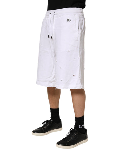 White Ripped Mid Waist Casual Bermuda Short