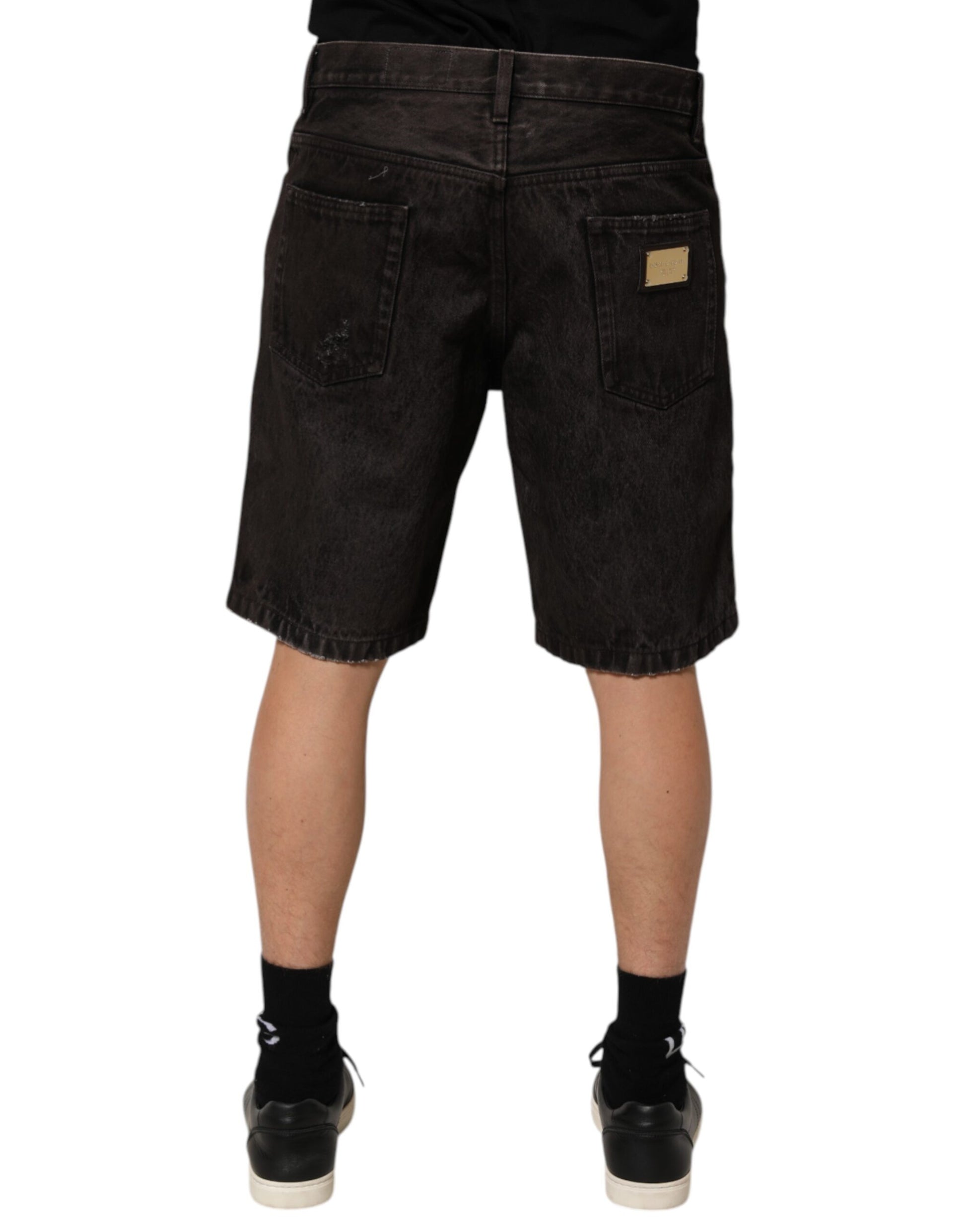 Black Cotton Tattered Denim Men Bermuda Short