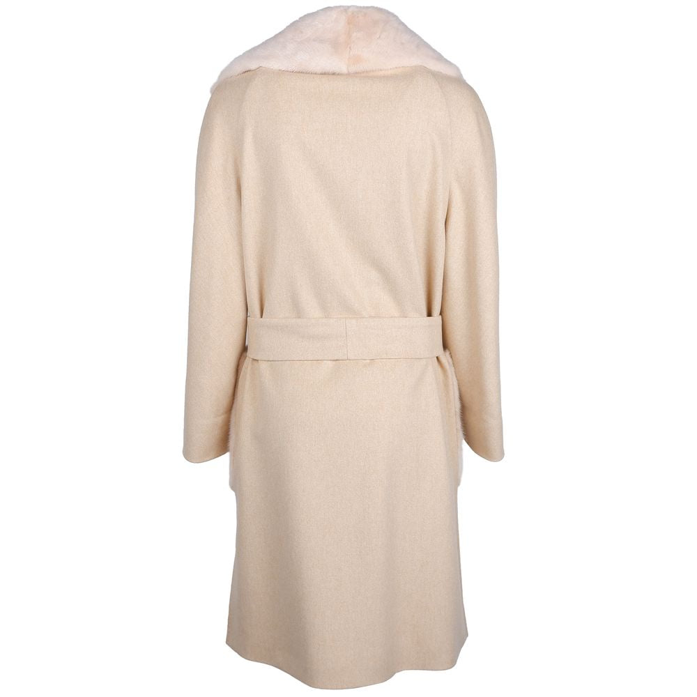 Beige Wool Women Coat with Rabbit Fur Collar