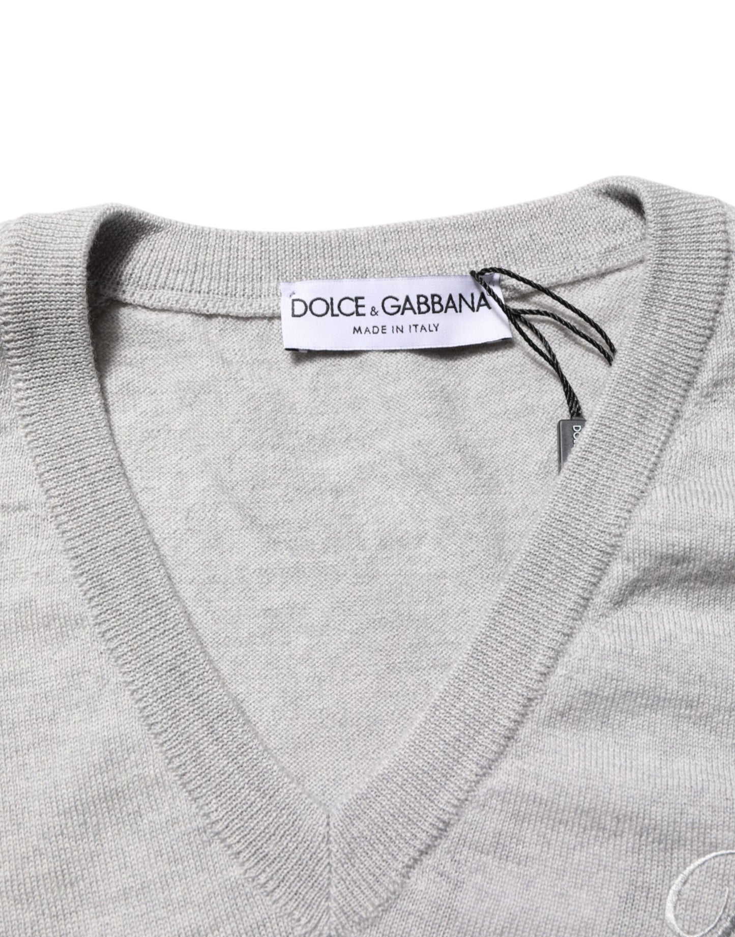 Gray Wool Knit Logo V-Neck Pullover Sweater