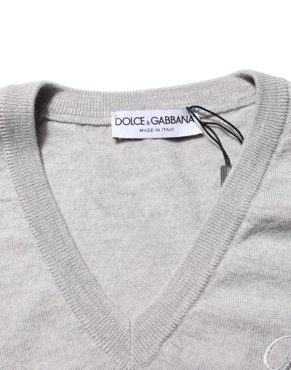 Gray Wool Knit Logo V-Neck Pullover Sweater