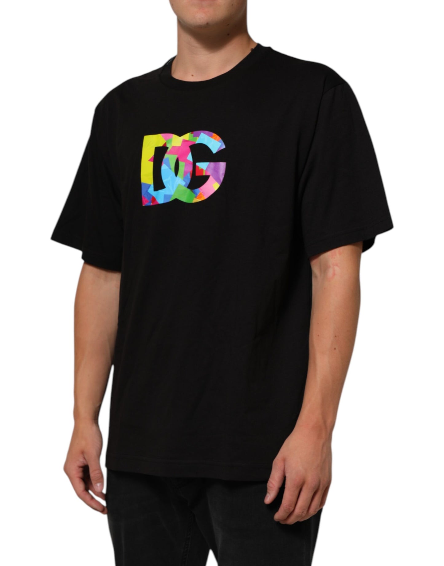 Black Logo Print Cotton Men Crew Neck T-shirt