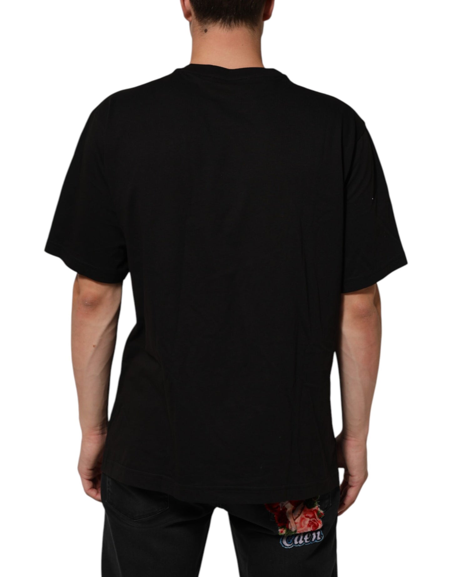 Black Logo Print Cotton Men Crew Neck T-shirt