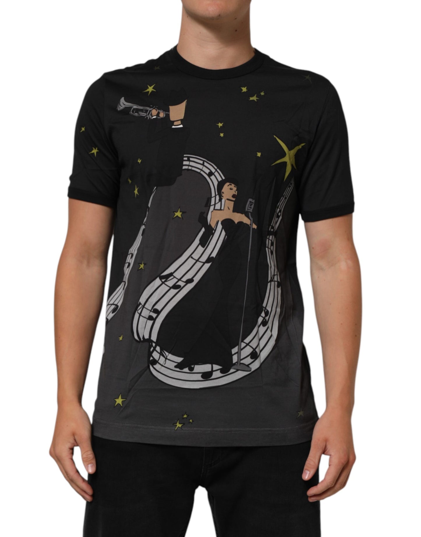 Black Musical Print Cotton Crew Neck T-shirt