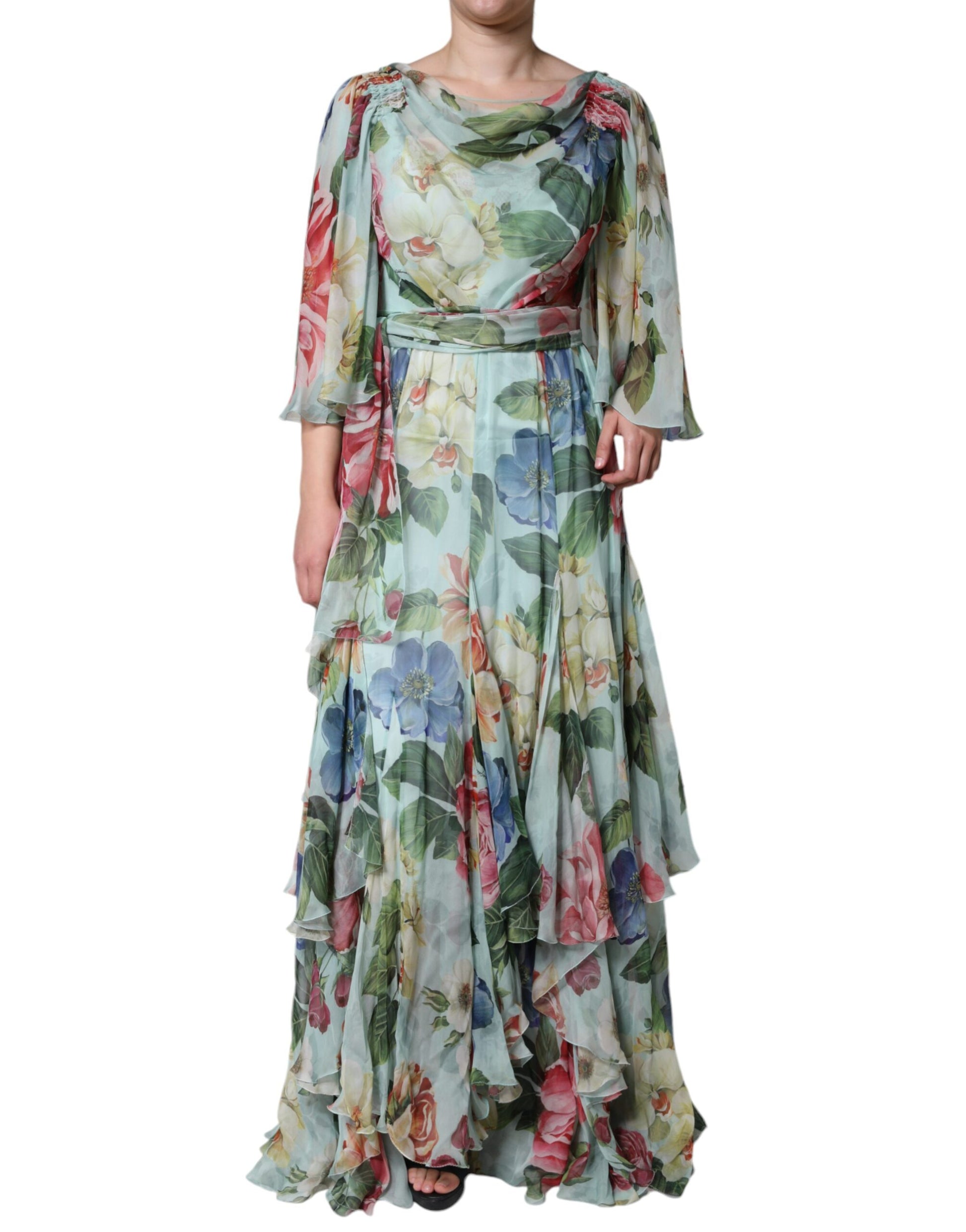 Blue Floral Print Tiered Long Maxi Dress