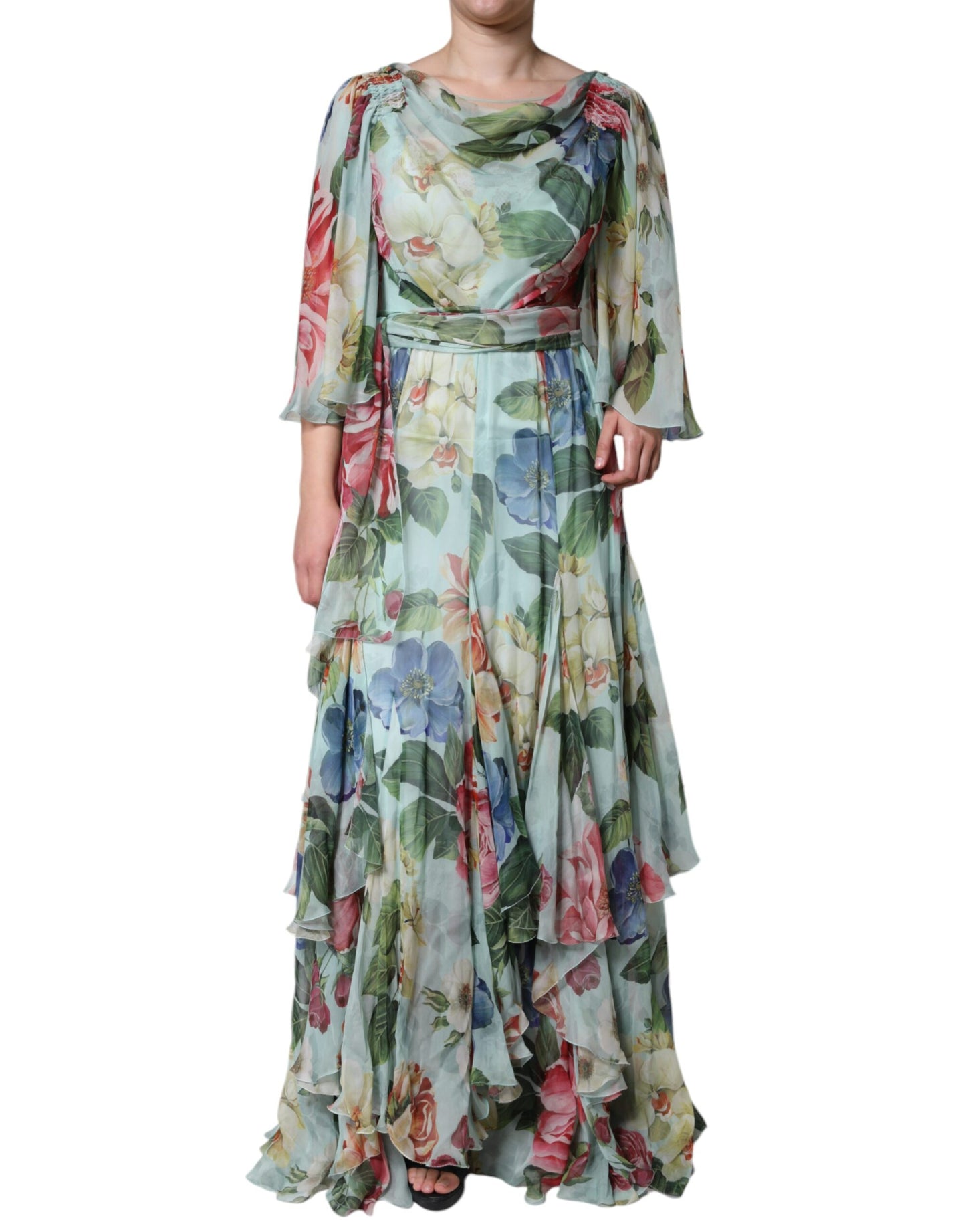 Blue Floral Print Tiered Long Maxi Dress
